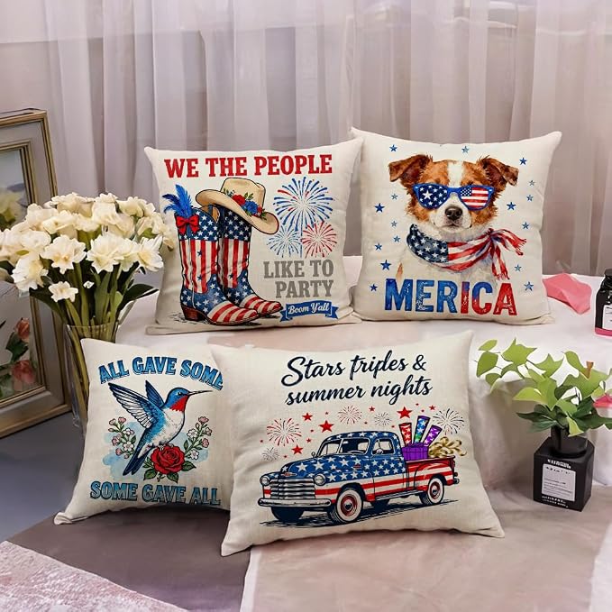 4th of July Patriotic Throw Pillow Covers 18x18 Inch 4Pack, American Flag With Hummingbird, Truck, Cowboy Boots & Dog Pillow Cases, Independence Day Farmhouse Cushion Covers for Sofa Patio (Red/Blue)