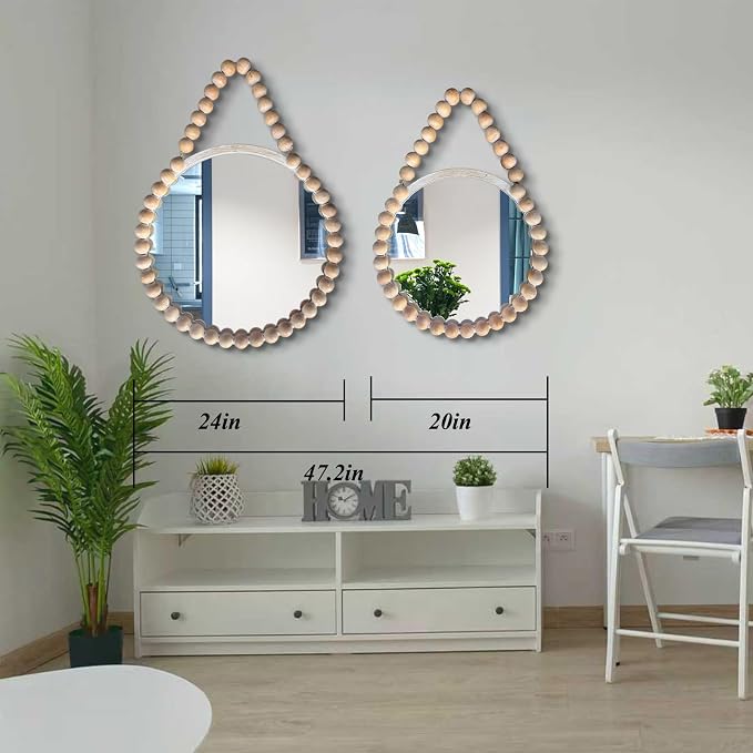 POZINO Wood Beaded Mirror, 20" Boho Round Mirror for Wall, Farmhouse Hanging Rustic Mirrors with Rope, Spherical Frame Circle Mirrors for Bathroom Bedroom Living Room Hallway Fireplace