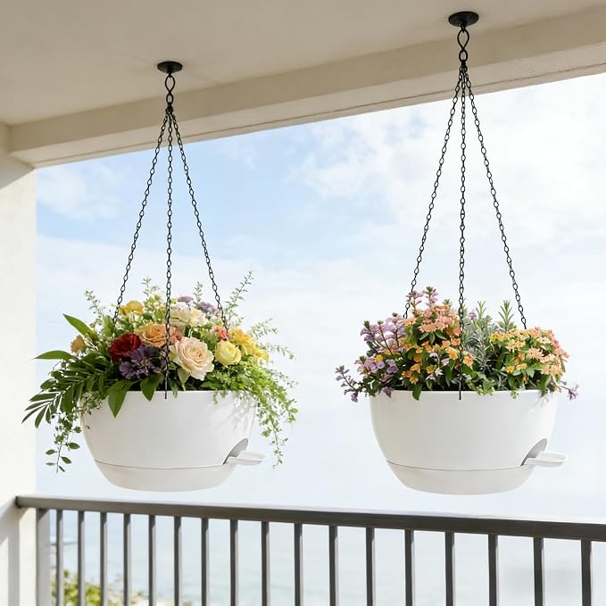2 Pack 12" Self Watering Hanging Planters, White with Chains | Plastic hanging baskets with 43 Oz removable reservoir, for indoor outdoor plants, patio porch garden balcony decor