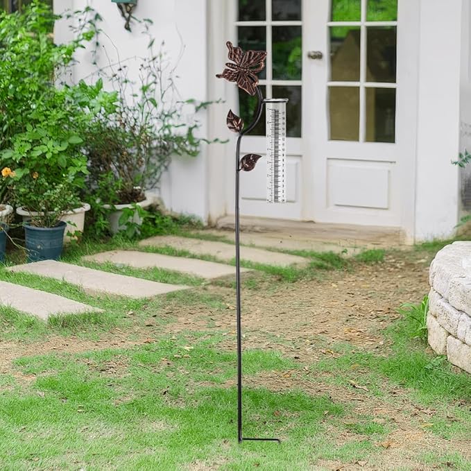 Butterfly Rain Gauge Outdoor, Metal Rain Gauge with 7-Inch Glass Tube, Decorative Rain Water Gauge for Garden, Yard, Lawn