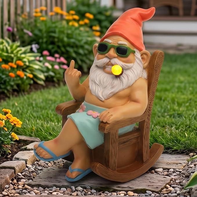 Funny Garden Gnome Statue 7.1", Solar Gnome in Rocking Chair, Outdoor Garden Decor Lawn Ornament for Yard Patio Porch, Fathers Day Birthday Gifts for Men Dad Grandpa