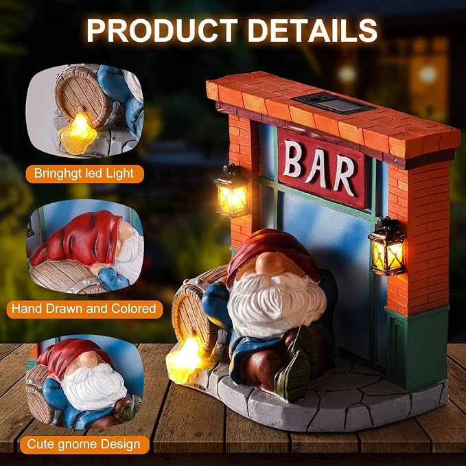 WINTS Solar Garden Gnomes,Funny Tavern Gnome Statue for Outdoor Decor with Light-Up Barrel for Lawn, Patio, Yard, Balcony–Gift for Lovers,Mom,Friends,Husband for Father's Day & Birthday