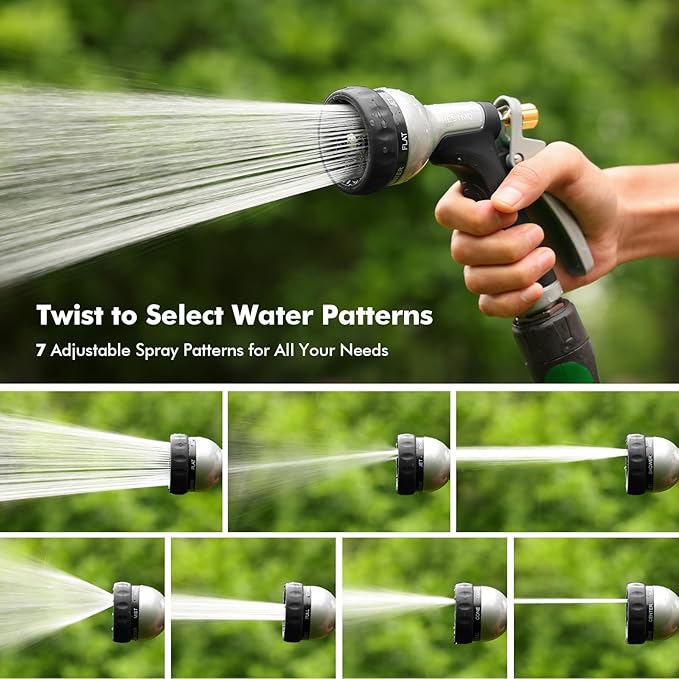 RESTMO Heavy Duty Metal Garden Hose Nozzle, Water Hose Nozzle with 7 Adjustable Spray Patterns, High Pressure Hose Sprayer with with Flow Control, for Plants & Lawns, Washing Cars & Pets, Black