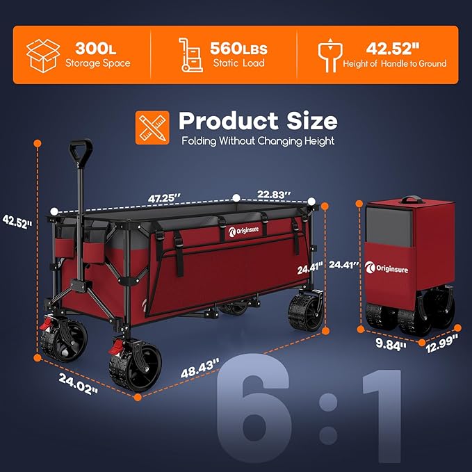 Originsure 48" L Collapsible Wagon Cart Foldable, 560lbs Weight Capacity 300L Heavy Duty Folding Beach Wagons with Big All-Terrain Wheels, Utility Carts for Groceries, Camping, Sports - Grey&Red