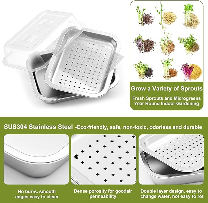 2 Pack Seed Sprouting Kit with Lid, 10.4 Inch Stainless Steel Soilless Culture Germination Tray, Microgreens Growing Kit, Encrypted Mesh Seed Starter Tray for Beans Alfalfa Broccoli Wheat Grass