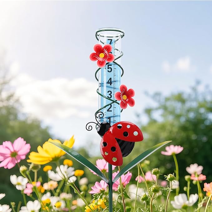 WONDER GARDEN Rain Gauge Outdoor, Decorative Ladybug Rain Gauges Outdoors Best Rated, Freeze Proof Glass Water Rain Measure Gauge with Flower for Yard Patio Lawn Decor