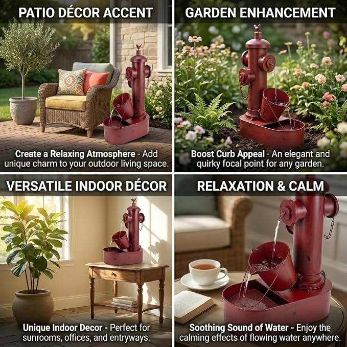 Water Fountain Outdoor, 27" Vintage Waterfall Fountain Red Fire Hydrant, Rustic Metal Outdoor Water Fountain with Tilted Bucket for Garden Patio Yard Deck Decor
