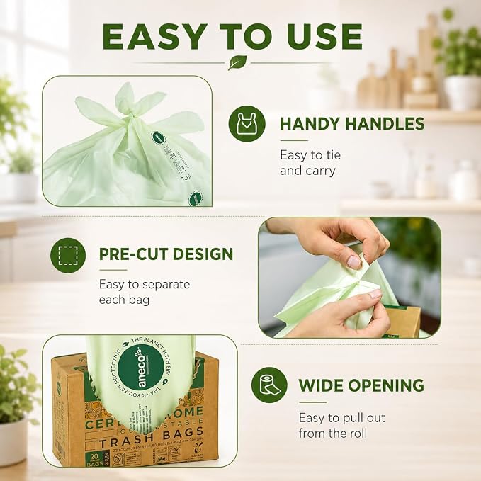 ANECO Compostable Food Waste Bags 13 Gallon, 50 Count, Extra Thick Kitchen Compost Bags With Handles, Large Compostable Bags for Tall Kitchen Bin
