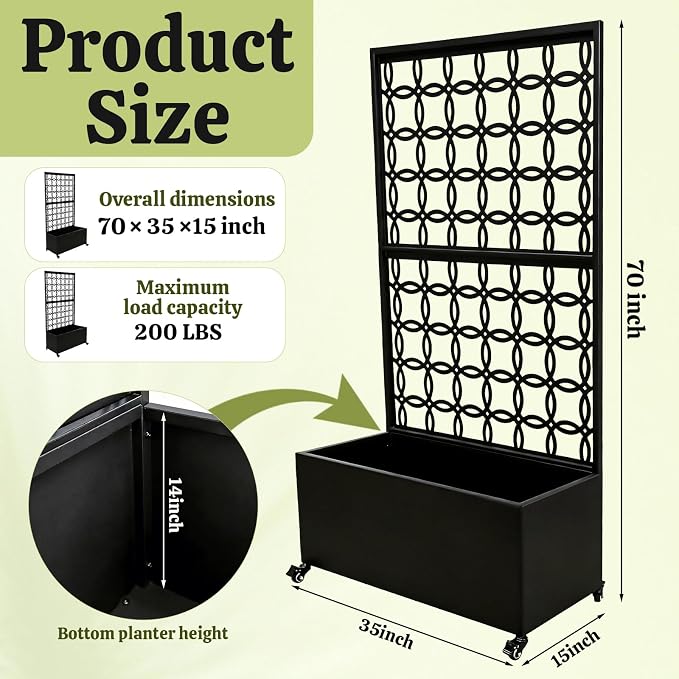 Metal Raised Garden Bed with Trellis and Wheels, 70"x35"x15" Large Planter Box for Climbing Plants & Vegetables, Outdoor Rolling Planter with Drainage Holes and Privacy Screen (Black)