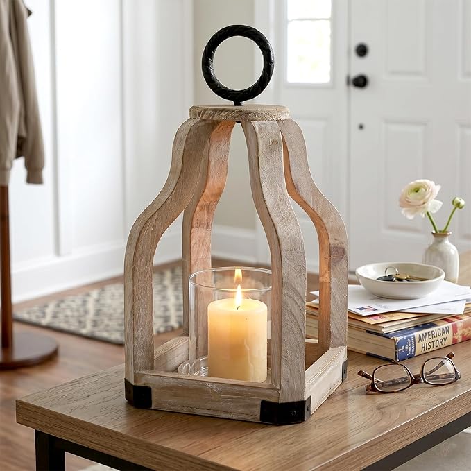 SWALLOWLIVING 13" Rustic Farmhouse Wood Candle Hurricane Lantern with Glass Candlestick Holder for Patio, Table Centerpiece, White Washed
