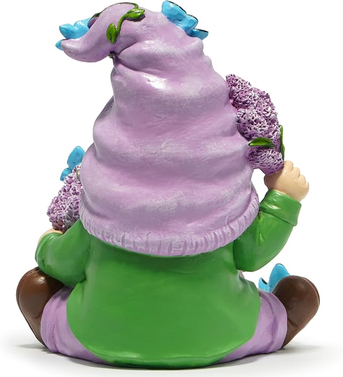 Hodao Spring Gnome Garden Decor with Butterflies and Lavender Flowers, Hand Painted Resin Gnome Figurine for Home Shelf Table Patio Decoration, Gift for Women Mom Garden Lovers