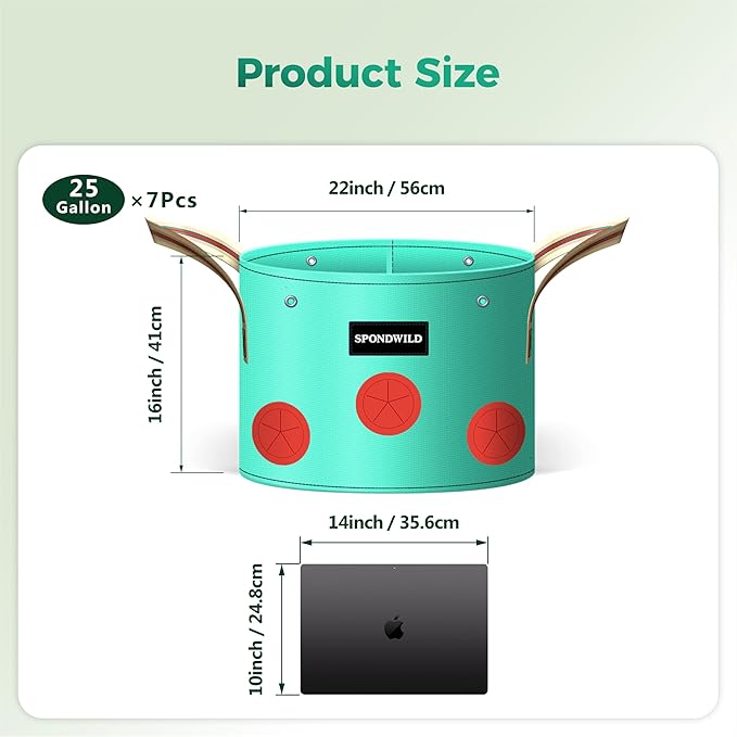 7 Pack 25 Gallon Grow Bags Heavy Duty 180G Thickened PE Plant Pots with 8 Breathable Holes Design