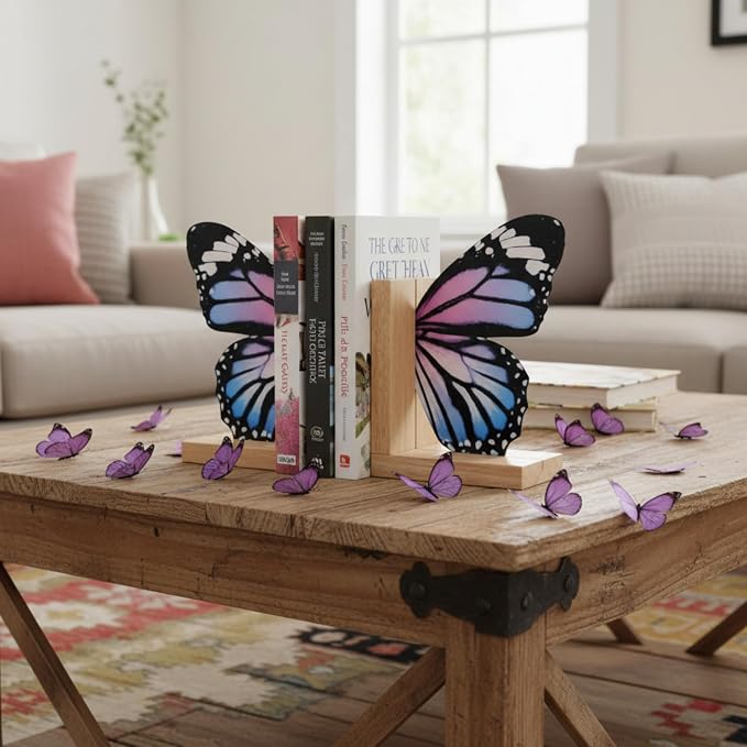 Decorative Butterfly Bookends Wooden Acrylic Butterflys Bookend Modern Bookshelf Decor Accent Book Stopper Decor for Home Farmhouse Shelves Office Lover Gift(Pale Blue Swallowtail Butterfly)