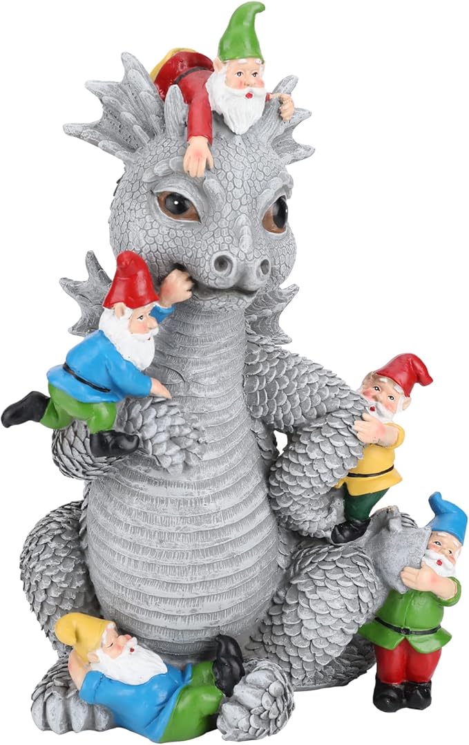 Dragon Gnome Statues Outdoor Decor, 13” Dinosaur Play with Gnomes Garden Statue, Outdoor Statue for Outside,Lawn Yard Decor, Gardening Gift