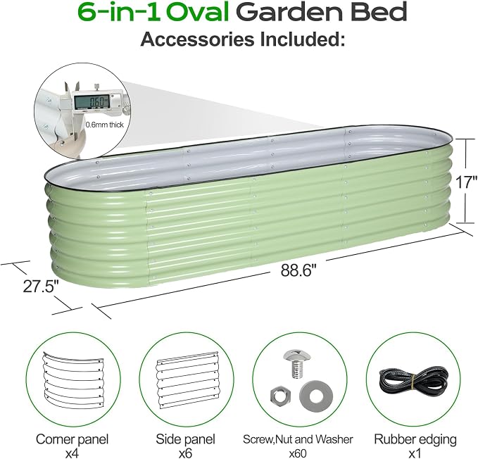 Aoodor 17" Tall Oval Galvanized Raised Garden Bed Kit, 6-in-1 Large Metal Outdoor Planter Box for Vegetables, Flowers, and Herbs, 7.5 x 2.3 x 1.5 Ft, Color