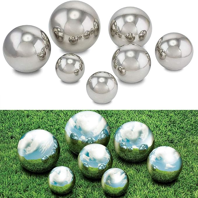 8pcs 2.4-6in Mirror Garden Spheres, Seamless Silver Stainless Steel, Props for Photography, Colorful Home Addition