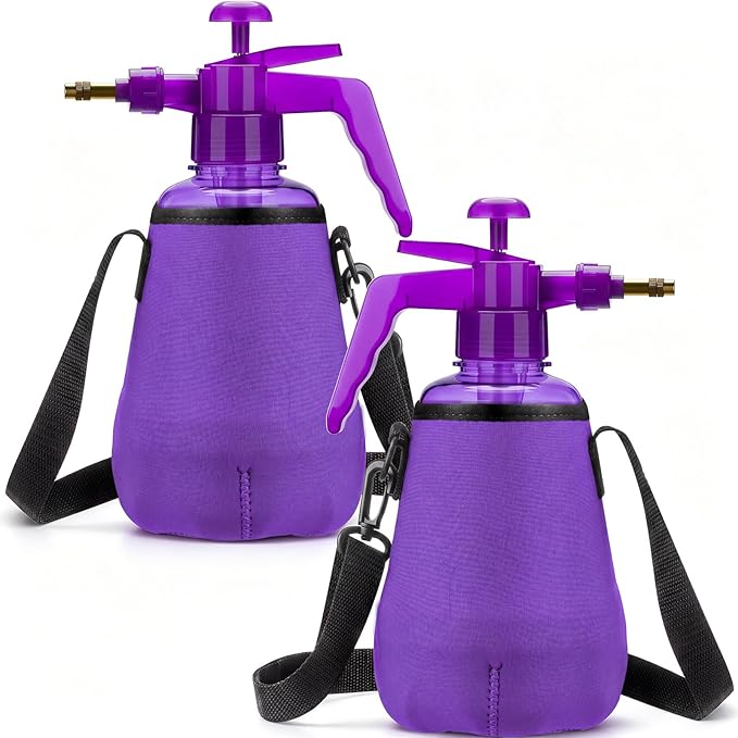 Teenyyou 2 Pcs 1.5 Liter Misters Spray Pump Bottle with Full Neoprene Jacket and Built in Carrying Strap Garden Plant Mister Spray Bottle for Spring Personal Cooling Plants Watering (Purple)