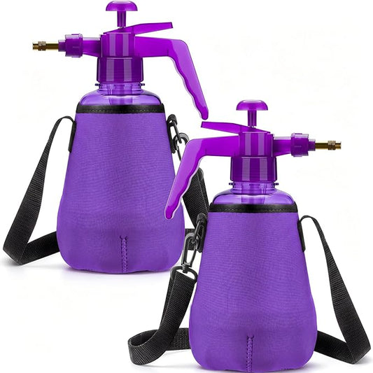 Teenyyou 2 Pcs 1.5 Liter Misters Spray Pump Bottle with Full Neoprene Jacket and Built in Carrying Strap Garden Plant Mister Spray Bottle for Spring Personal Cooling Plants Watering (Purple)