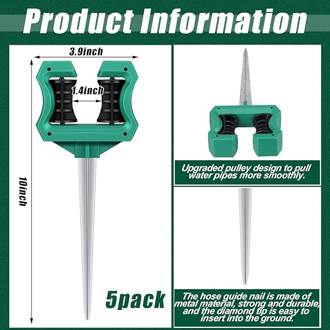 Yaocom 5 Pcs 10 Inch Garden Hose Guide Stakes Metal Spike with Smooth Roller Rust-Proof Hose Guides Green Garden Support Spike for Greenhouse Yard Lawn Plant Protection