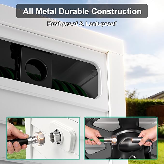 Metal Garden Hose Reel Box, Heavy Duty 150Ft 5/8" Large Capacity Hose Storage Deck Box with Hose Guide, 6Ft Leader Hose, Leak-Proof Aluminum Water Connection, Manual Crank Handle Easy Essemble (White)