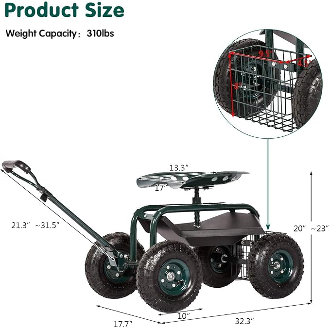 kinbor Rolling Garden Scooter Garden Cart Seat with Wheels and Tool Tray, 360 Swivel Seat, Green