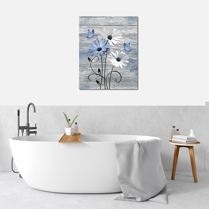 MYUSRE Farmhouse Blue Floral Wall Art for Living Room, Blue and White Daisy Butterfly on Rustic Wood Canvas Wall Art Country Flower Pictures for Bedroom Bathroom Office Wall Decor,10L X 8W inches