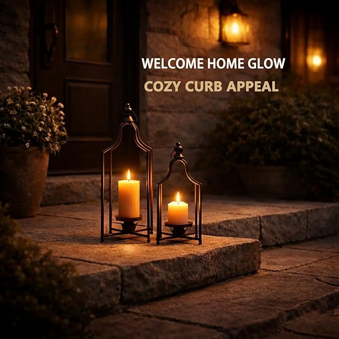 12.5" & 16.5" Timeless Cozy Decorative Lanterns Set of 2, Handcrafted Metal Iron Candle Holders, Farmhouse Elegance Fireplace Mantel Table Festive Gatherings Decor (Matte Black)