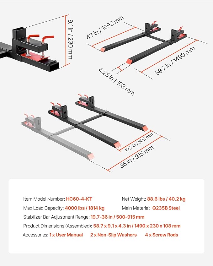 VEVOR Pallet Forks, 4000 lbs Clamp on Pallet Forks, 60-Inch Total Length Heavy-Duty Tractor Fork with Adjustable Stabilizer Bar for Tractor Attachments, Loader Bucket, and Skid Steer, Black