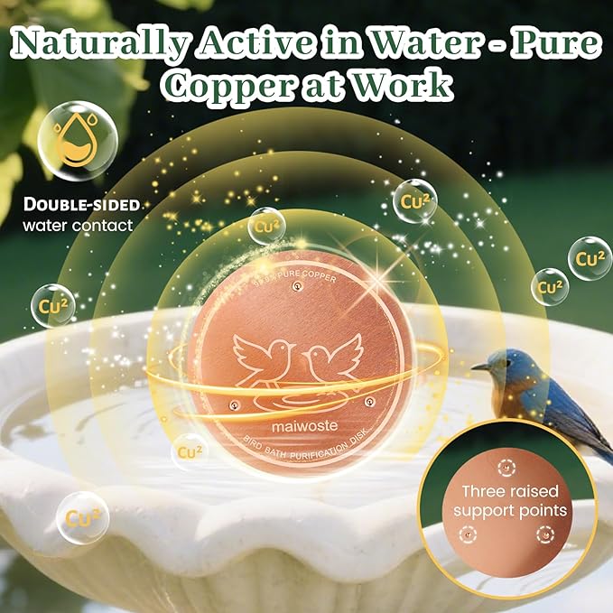 Bird Bath Copper Disk, 4 Inch 0.6mm Thick 99.9% Pure Copper Disc with Triple-Point Support, Natural Water Cleaner for All-Season Use, Universal Fit for Outdoor BirdBaths, Bowls, 2 Pack