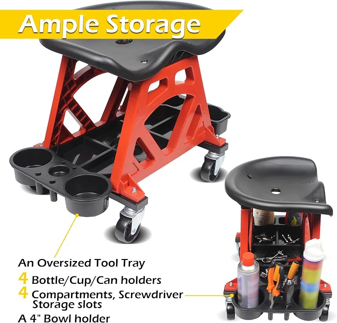 MaxWorks 50957 Ergonomic Seat Mechanic Stool Chair 22.9" L x 13.9" W x 17" H, with 4pcs 2.5" Swivel Casters, with Tool Tray for Workshop, Garage, Auto Repair - 300 Lbs Capacity