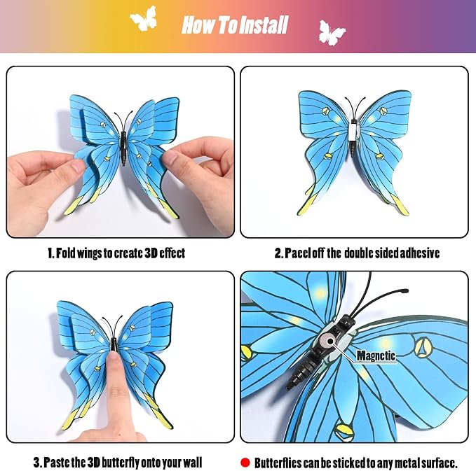 SAOROPEB 3D Butterfly Wall Decor, 72 Pcs Double Layer Butterfly Decorations for Party Decorations Locker Decor Refrigerator Decal, Reusable (Blue)