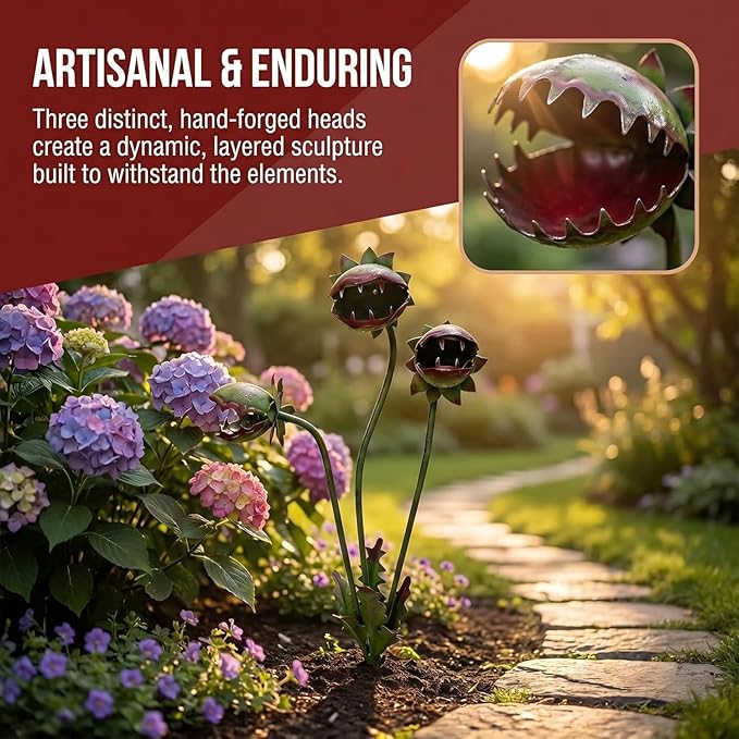 Whimsical Metal Carnivorous Plant Garden Stake, 25-Inch Large Venus Flytrap Monster Sculpture, Rust-Resistant Outdoor Yard Art Decor for Patios, Flower Beds, Lawn, Planters & Quirky Garden Gift