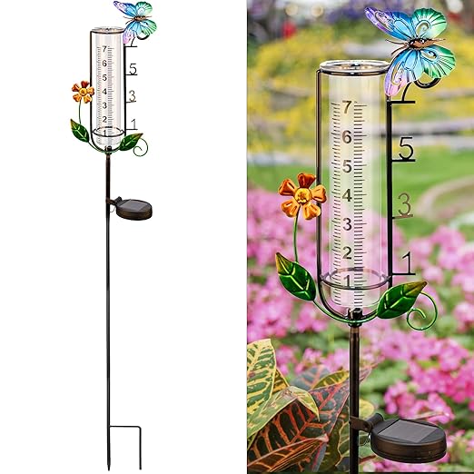 Solar Rain Gauge Outdoor with Metal Stake - 45" Decorative Butterfly Rain Gauge, 7 Inch Capacity Waterproof Yard Art Garden Decor with LED Light, Unique Gardening Gifts for Mom/Grandma/Family