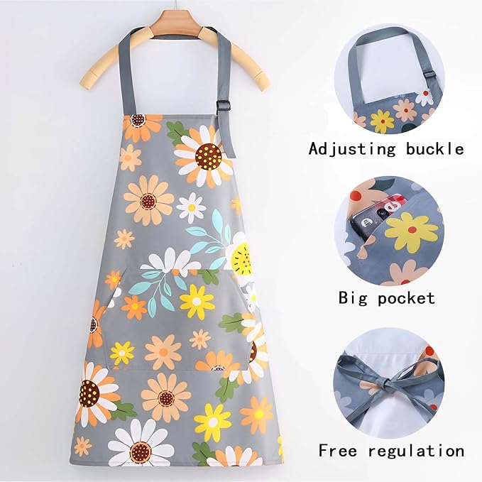 Floral Aprons with Pocket Blooming Women Waterproof Apron Adjustable Neck Long Ties Women Men Cook Baking Garden