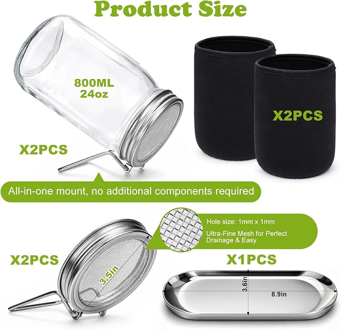 Palksky Sprouting Kit with Stainless Steel Screen Sprouting Lids & Glass Mason Jars & Light-Blocking Sleeves, 2Pack Premium Reusable Sprouts Growing Kit for Organic Broccoli Alfalfa Seeds Bean Sprouts