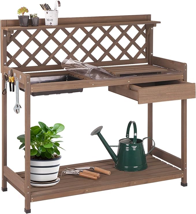 GUTINNEEN Potting Bench Outdoor Gardening Work Bench with Sink & Lid, Wooden Planting Table for Outside with Storage, Drawer, Shelf, Hook