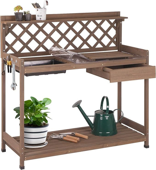 GUTINNEEN Potting Bench Outdoor Gardening Work Bench with Sink & Lid, Wooden Planting Table for Outside with Storage, Drawer, Shelf, Hook
