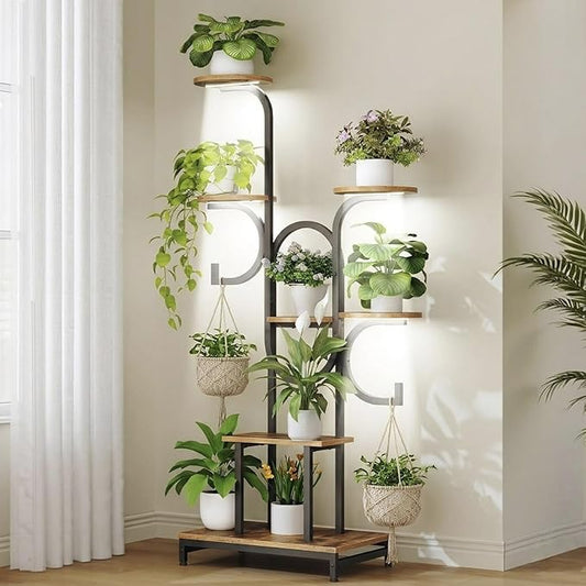 HOOBRO 7 Tiered Plant Stand Indoor with Grow Lights, 63" Corner Plant Stand for Indoor Plants, Metal Corner Shelf with 2 Hanging Basket Spots, for Home, Living Room, Rustic Brown and Black BF12DHJ01