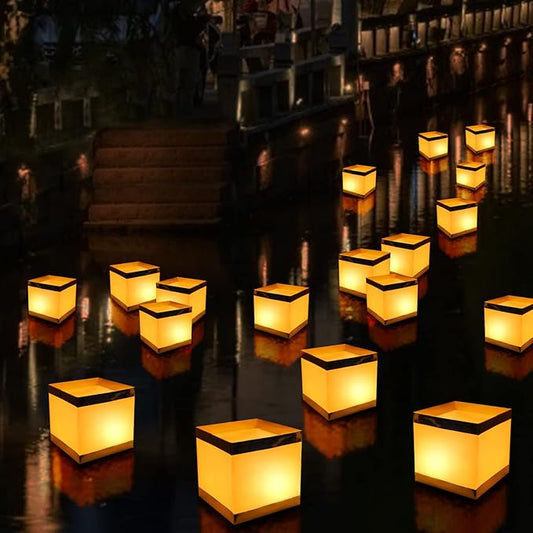 20Pack Paper Floating Water Lanterns,Gold+White Square Memorial Candle Lantern,Table Lanterns Decorative Outdoor for Weeding,Lawn,Pool,Wishing (20Pack Paper Lanterns with Candles)