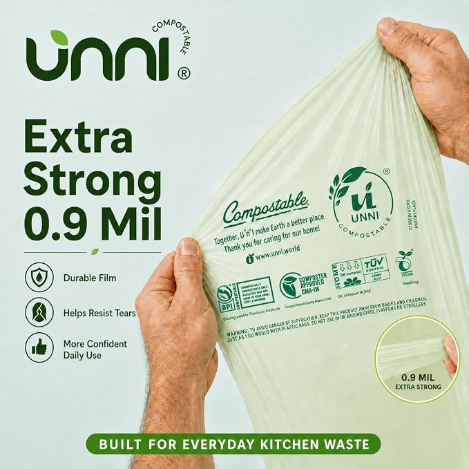 UNNI Compostable Trash Bags, 13 Gallon / 49.2 Liter, 200 Count Value Pack, Extra Thick 0.9 Mil Tall Kitchen Food Scrap Bin Liners, Certified by BPI, CMA & OK compost HOME, Meets ASTM D6400 Standard