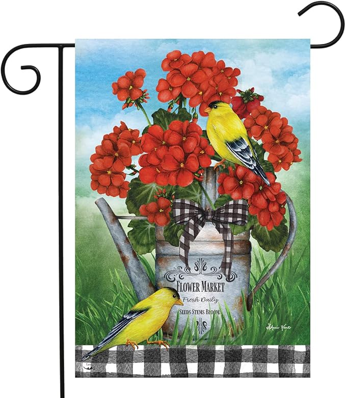Briarwood Lane Geranium Watering Can Summer Garden Flag Goldfinches Birds 12.5" x 18"