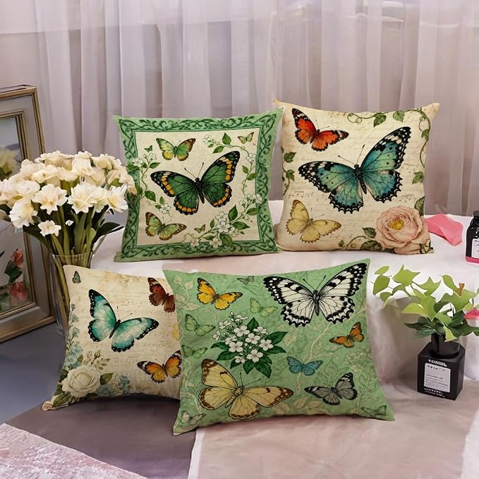 Vintage Butterfly Throw Pillow Cover 18x18 inch,Watercolor Bloom Flowers Garden Cushion Cover Farmhouse Nature Theme Spring Home Decorative Pillowcase ,4Pack for Sofa Couch Porch Patio (Beige)
