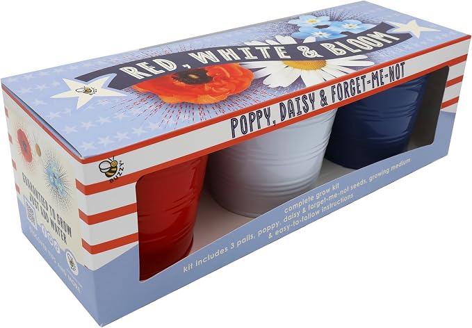 Buzzy Seeds Americana Grow Kit 3-Pack - Metal Windowsill Planter - Complete Indoor/Outdoor Gardening Kit with Seeds, Coconut Husk Growing Medium & Genuine Pots - 100% Grow Guarantee