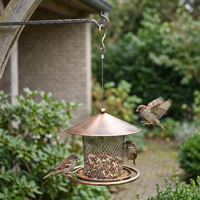 Bird Feeder, Weatherproof Wild Bird Feeders for Outdoors, Birds Feeding Station Metal Round Roof Birdfeeder for Garden Yard Outside Hanging Decor