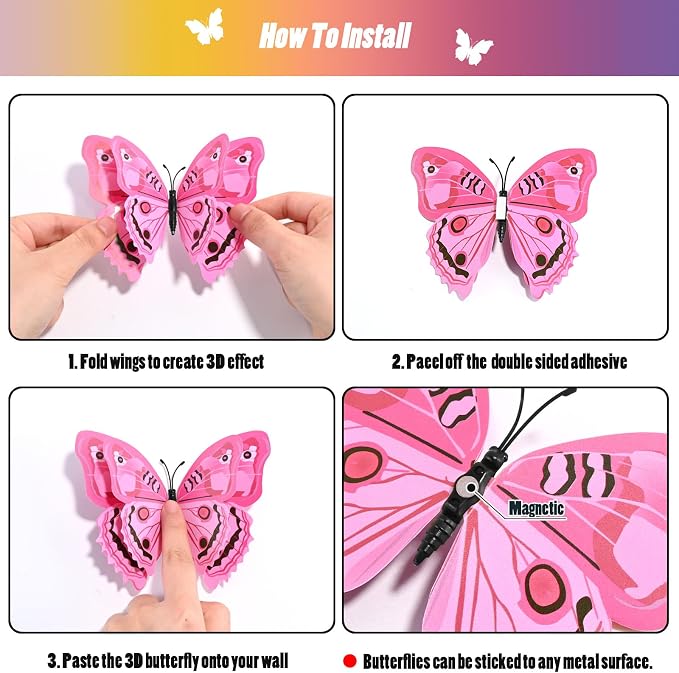 SAOROPEB 3D Butterfly Wall Decor, 48 Pcs Double Layer Butterfly Decorations for Party Decorations Locker Decor Refrigerator Decal, Reusable (Pink)