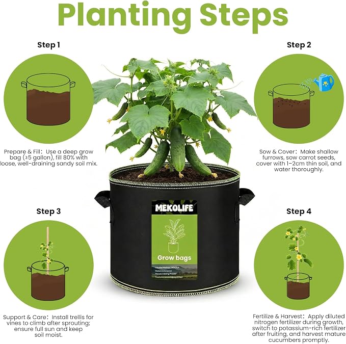 MEKOLIFE Fabric Grow Bags（5 Gallon 6Pack）, Thickened Aeration Planter Bags with Handles Plant Tags Seedling Bags for Outdoor Indoor Vegetable Garden, Black