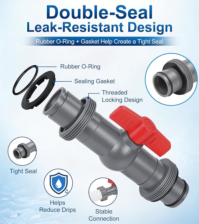 Pool Hose Connector with Valve, 1.5" to 1.5" Pool Hose Adapter Valve for Leak-Proof Dual Seal and Control Water Flow, Durable PP Material, Easy No-Tool Install for Above Ground Pools and Filter Pump