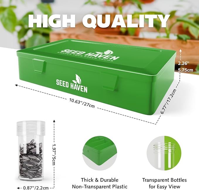 Seed Organizer Storage Box, Green Opaque Light Proof Seed Bank with 60 Transparent Bottles & Labels, Seed Holder Packet Organizer, Seed Vault Container for Homesteaders, Garden Tackle and Bead Sorter