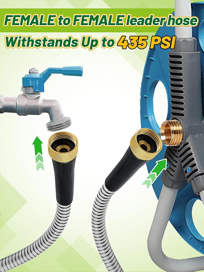 5ft Female to Female Short Garden Hose with Brass Fittings - Stainless Steel Metal Leader Hose Connector for Hose Reel, Heavy Duty & Flexible, for Outdoor Cleaning Car Pet