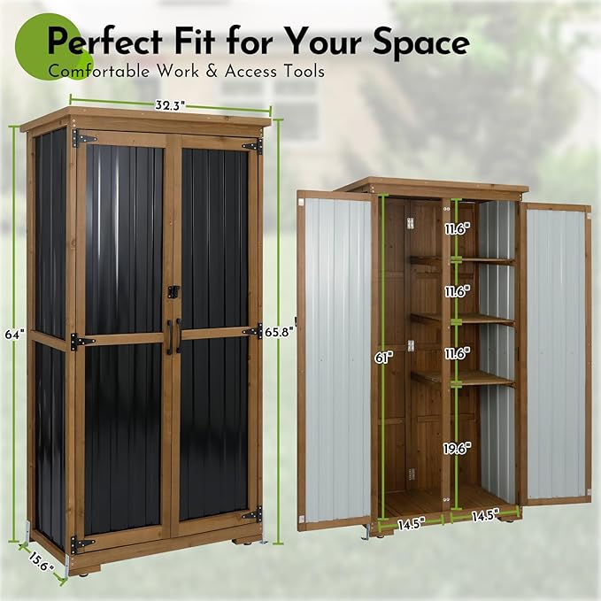 Outdoor Storage Cabinet with Shelf, Wood & Metal Storage Shed with Waterproof Roof & Lockable Doors,Tall Outdoor Cabinets for Patio Backyard, Gardening Tools and Accessories, Brown